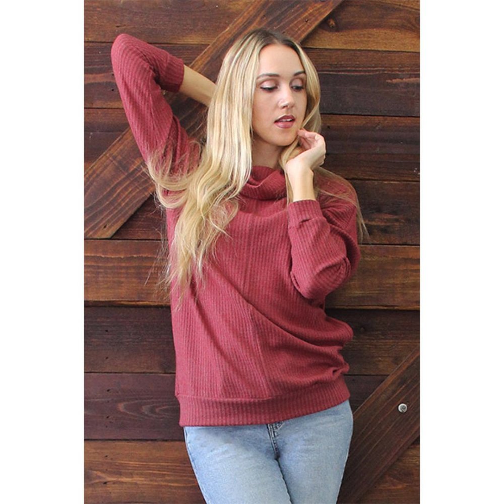 Brushed Waffle Cowl Neck Pocket Tunic